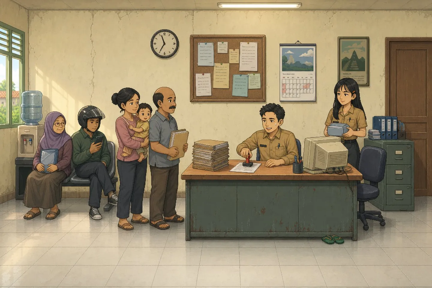 Key art: Robert stamps papers at the kelurahan service counter while residents wait in line.