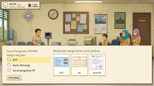 At the service counter, checking a resident's ID card, family card and neighborhood letter against a checklist.