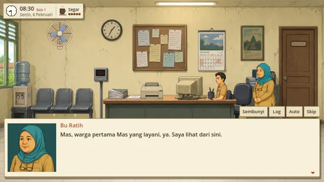 Office dialogue: senior clerk Bu Ratih tells Robert to serve his first resident while she watches.