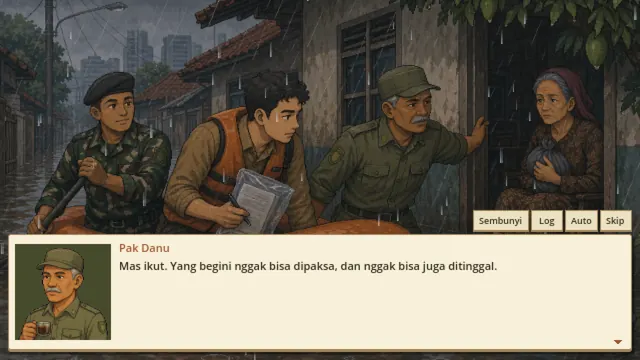 Flood cutscene: Robert rides a rescue boat in the rain to check on an elderly resident.
